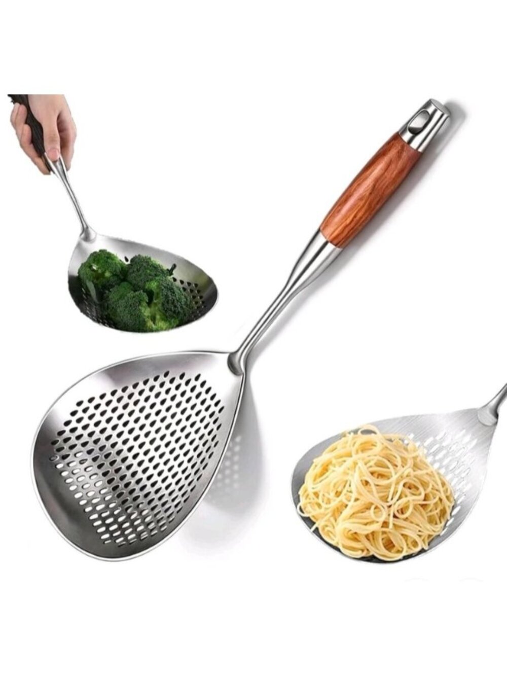 16-Inch Skimmer Slotted Spoon Wooden Handle Stainless Steel Spider Strainer